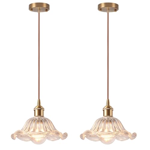 LIGKIN 2 Piezas Lámparas Colgantes Vidrio Vintage Industrial Lámpara de Techo Flor Creativa Cristal Pantalla E27 Iluminación Colgante para Dormitorio Cocina Comedor
