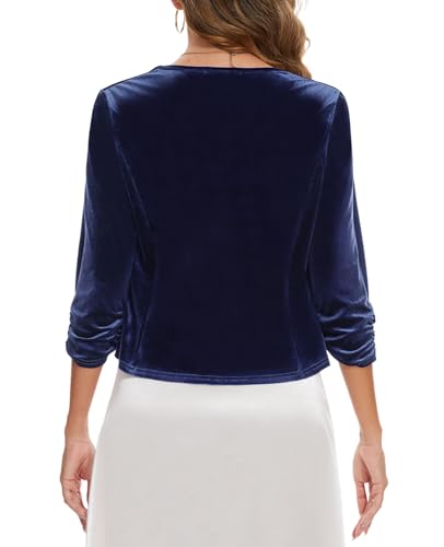 MINTLIMIT Velvet Blazers for Women 3/4 Ruched Sleeve Open Front Casual Work Office Cropped Cardigan Suit Jacket4