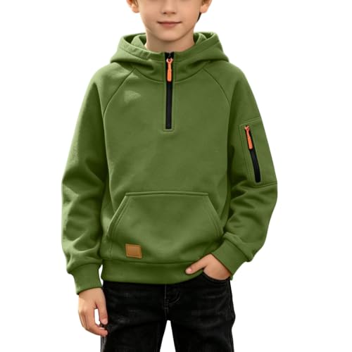 DASAYO hoodies for boys Hoodies for Boys Quarter Zip Pullover Teen Fleece Plain Hooded Sweatshirt Fashion Hoodie Kids Fall Winter Clothes 7 Years Army Green