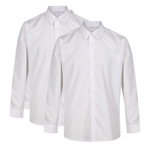 Trutex 2 Pack White School Shirts Boys - Long Sleeve Slim Fit Non-Iron Kids School Uniform (Age 9-10 Years / 12.5" Collar)