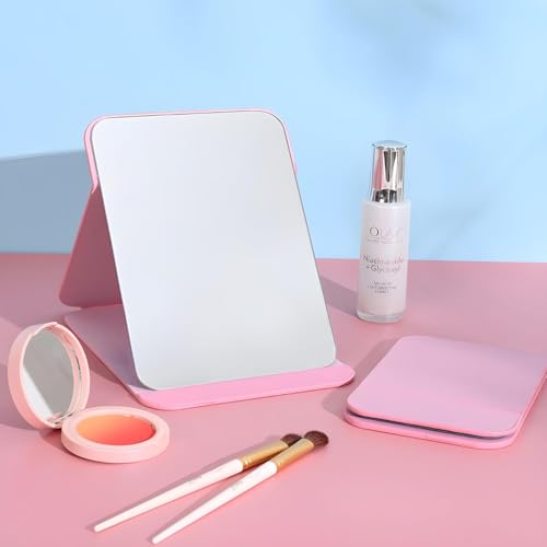 Image of Makeup Mirror with Magnification, for Desk Make Up, Magnifying Hand Held Mirror (Pink Leather)