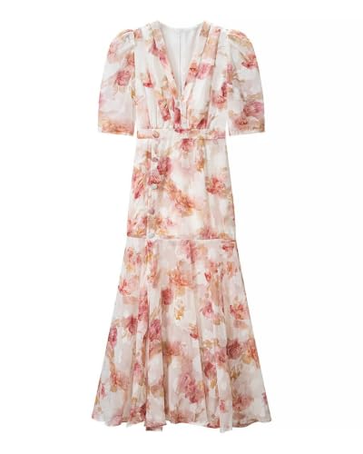 Vestido midi con cuello en V y romántica manga abombada elegante