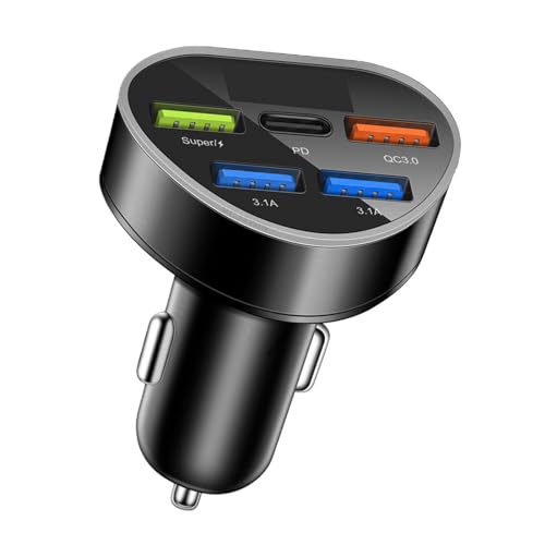 Samuliy Cargador rápido de coche, divisor de salida de coche 5 en 1 de 66 W con pantalla de voltaje LED, cargador de coche Pd Qc 3.0, cargador de teléfono de coche para múltiples dispositivos,