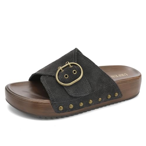Image of UBFEN Womens Platform Slide Sandals | Real Leather,Buckle Sandals with Cushioned Flatform Footbed,Comfortable for Walking,Arch Support,Casual Styling