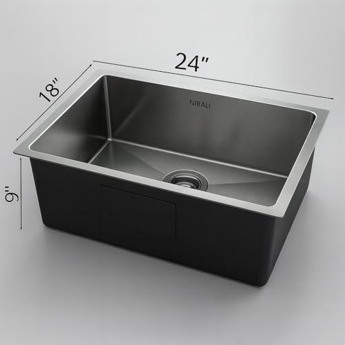 Image of NIRALI Kitchen Sink 24 inch x 18 inch x 9 inch Square 304 Stainless Steel | Single bowl Sink Round Coupling | Rust & Stain Resistant | Matt Finish | Minimizes Sound Molly Square Sink (SS-304)(Molly - 24 inchx18 inchx9 inch)
