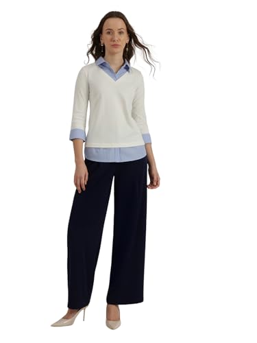 Image of FableStreet Women Shirt | Slim Fit V-Neck Layered Look with Striped Spread Collar & Three-Quarter Sleeves | Cotton Knit Jersey Fabric for Business Casual