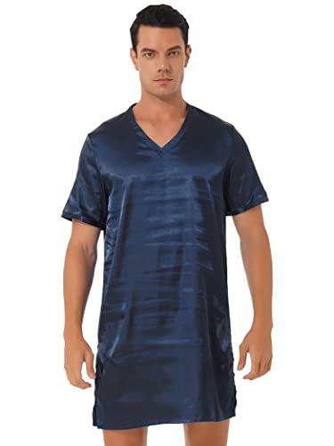 Hedmy Sleepwear Mens Silk Satin Nightshirt Short Sleeve Pajamas Nightgown Night Shirts Loungewear