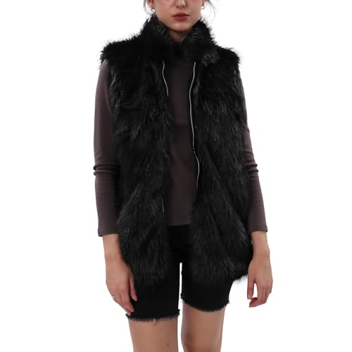 Amazhiyu - Chaleco de piel sintética para mujer, con bolsillo, chaqueta de invierno con cuello redondo y cremallera, abrigo de felpa cálido para exteriores, Negro, M