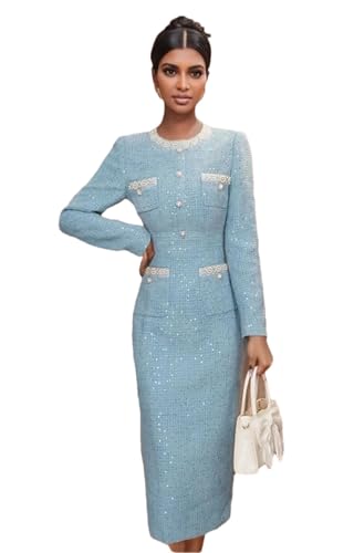 Women's Blue Tweed Dress Slim One-Piece Bottoming Dress