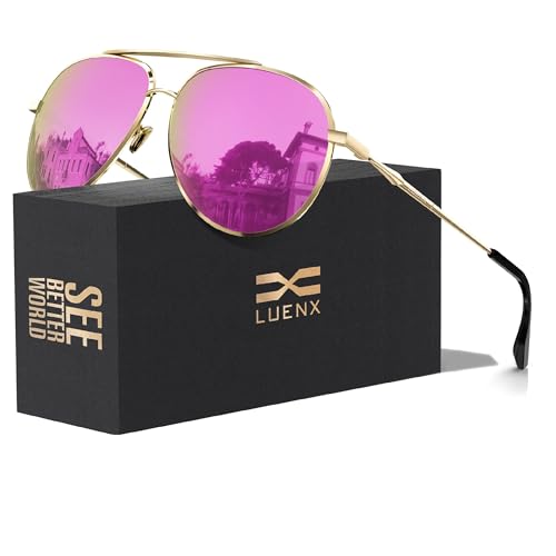 LUENX Aviator Sunglasses for Women Polarized Trendy Sun Glasses - Mirrored Rose Red Lens Gold Metal Frame 60mm Driving