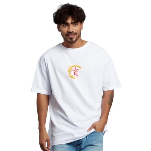Image of prabhu bhakti Men's Oversized Maa Tiger Printed White T-Shirt |Tiger Back Print Drop Shoulder Pure Cotton Oversized Tshirt for Men