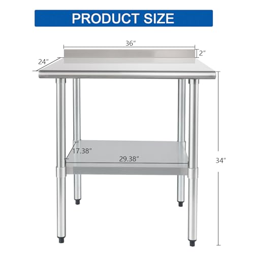 Image of HARDURA Stainless Steel Table Prep & Work Table 24 x 36 Inches NSF Heavy Duty Commercial with Undershelf and Backsplash for Restaurant Kitchen Home and Hotel