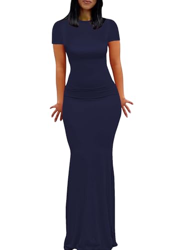 Image of Womens Summer Short Sleeve Square Neck Elegant Casual Lounge Bodycon Slim Maxi Evening Party Long Dress