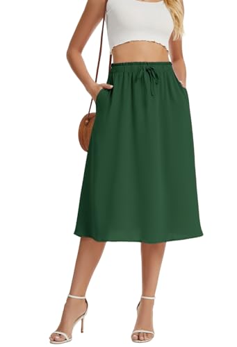 WUWUSKY Damen Rock Sommer Midi Langer Swing-Röcke Hohe Taille Skirt A-Linie Midiskirt Elegant Röcke mit Taschen mit Taschen Dunkelgrün S