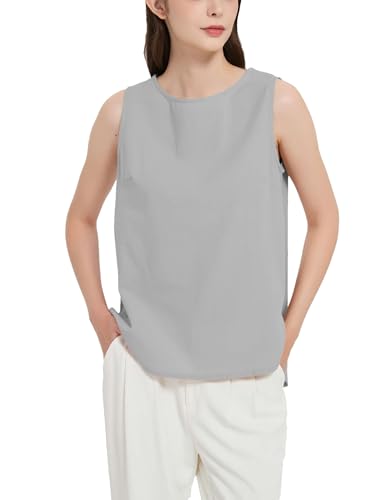 Sdipipo Womens Summer Casual Natural Linen Sleeveless Tank Tops Basic Lightweight Crewneck Blouse Shirts Layering Tee(0047-Grey-XL)