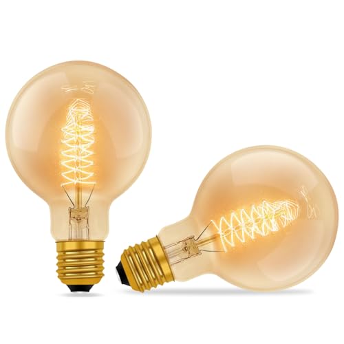 E27 Vintage Edison Light Bulbs Dimmable Amber Glass Warm White 2700K 600 Lumen ES Edison Screw G80 Globe Vintage Bulb Spiral Filament Bulbs Retro Decorative for Ceiling Chandelier 2 Pack