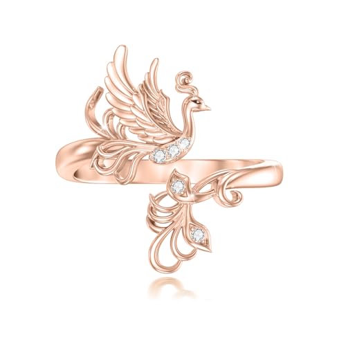 ABIGY Phoenix - Anillo de plata de ley 925 con diseño de fénix, anillo ajustable de plumas y oro rosa, anillo de animal para mujer, Plata de ley, Zirconia cúbica