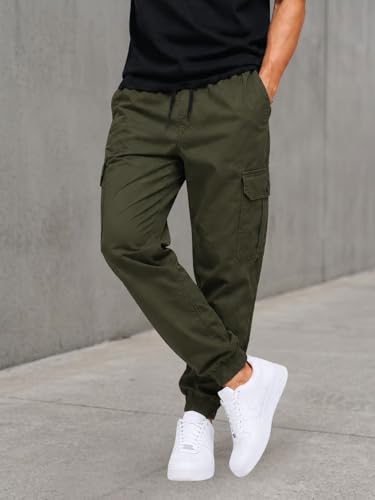 Image of Men's Cotton Cargo Pants | Cargo Trousers with Flap Buttoned Pocket | Elastic Waist Drawstring Casual Cargo Pants | Regular Fit Outdoor Travel Streetwear Bottom Wear