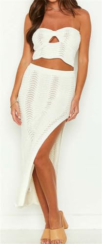 Womens Sexy 2 Pieces Knitted Tube Tops Bodycon Split Skirts Party Clubwear Dress Outfits Set2