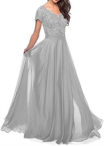 Snow Lotus Damen Spitze Applikationen Mutter der Braut Kleid Lang Chiffon A Linie Kurze Ärmel Hochzeit Party Kleider für Frauen, silber, 38 Cover