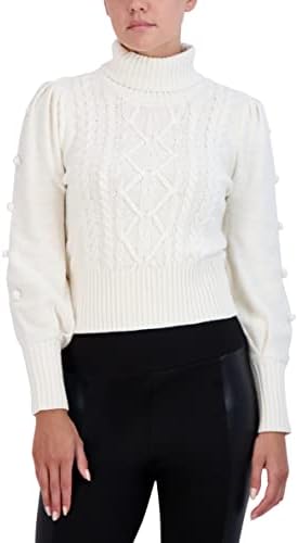 BCBGMAXAZRIA Women's Fitted Long Puff Sleeve Pom Sweater, Gardenia, Medium