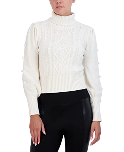 Bcbgmaxazria Women's Fitted Long Puff Sleeve Pom Sweater, Gardenia, Medium #TOP20