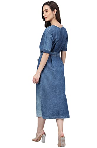 Image of Janasya Women's Denim Solid Straight Western Dress