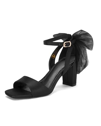 Coutgo Women's Bow Tie Heeled Sandals Chunky Heels One Strap Satin Ankle Buckle Dress Wedding Shoes, Black, Size 9
