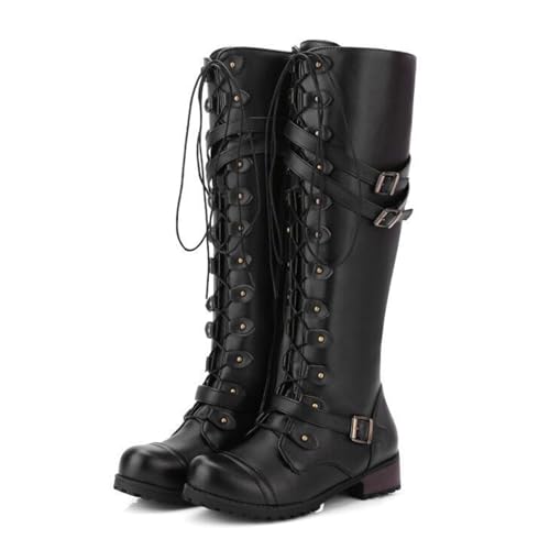 SHEMEE Women's Flat Combat Boot Buckle Riding Knee High Boots Lace Up Chunky Low Heels Gothic Motorcycle Boots with Inside Zipper