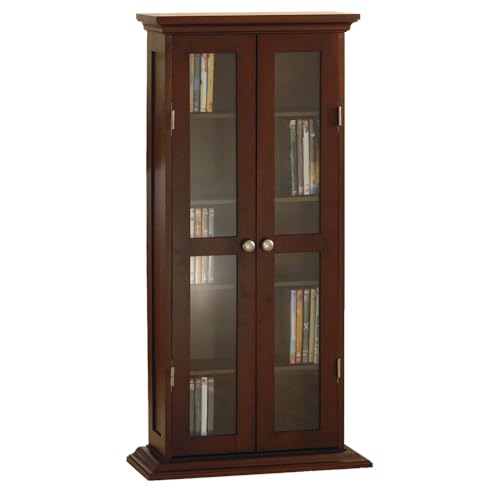 Furnifact Media Storage Cabinet, Double Wood Trim Glass Doors, 4 Adjustable Shelves, Solid Wood, Walnut Finish