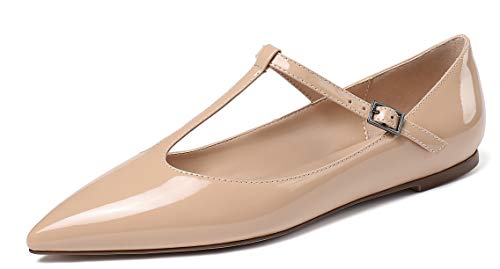 Eldof Women's Pointed Flat Pumps, T-Strap Flat Pumps, Comfortable Flat for The Office Wedding and Dress