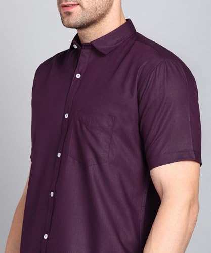 Image of MILDIN Men's Cotton Blend Solid Shirt with Spread Collared Half Sleeve Curved Hemline Button Closure Regular Fit and One Pocket | Half Sleeve Shirt for Men