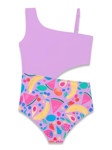 Image of Dvenki Big Girls Asymmetric Cutout Swimsuit Adjustable Straps Sizes 6X-16 | color block, leopard, tropical prints, front lined swimwear, removable pads, suitable for beach, vacation, pool play