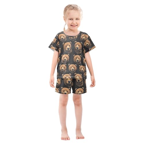 ALAZA Brown Bear Black Pajamas Set Short Sleeve Cotton Sleepwear Summer Pjs 2 Piece 5-14Y3