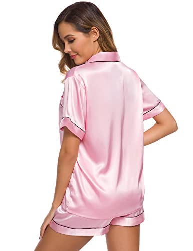 Image of SWOMOG Womens Silk Satin Pajamas Set Two-piece Pj Sets Sleepwear Loungewear Button-Down Pj Sets Rose Pink