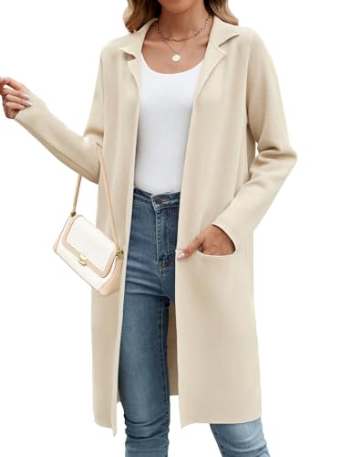 Genhoo Womens Long Cardigan Sweaters Knit Open Front Coatigan Lapel Knee Length Cardigan Coat with Pockets
