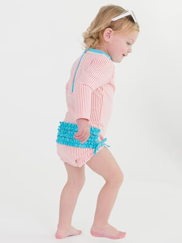 Image of RuffleButts Baby-Girls Seersucker Long Sleeve Rash Guard - One Piece Swimsuit UPF 50+ Toddler