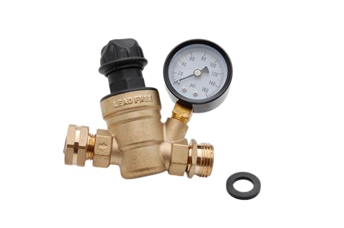 RV Water Pressure Regulator Valve, Brass, Lead-Free, Adjustable, Water Pressure Reducer with Gauge and Inlet Screen Filter for RV Camper Travel Trailer