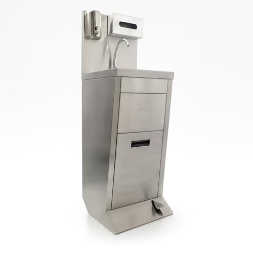 Lave-Mains Professionnel avec Cuve Inox – Station de Lavage Complète avec Commande au Pied, Distributeur de Savon, Distributeur de Papier et Poubelle...