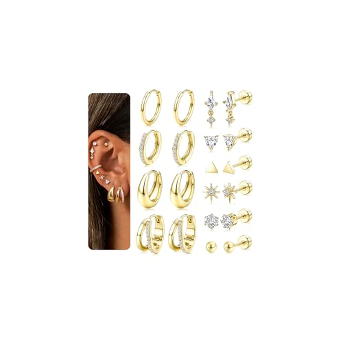 Flat Back Earrings : Hypoallergenic 14K Gold Plated Surgical Steel Earrings for Sensitive Ears - Chunky Hoop Huggies Earring Dainty Cartilage Helix Muliple Piercing Jewelry for Women Men
