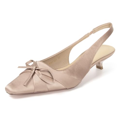 Women's Slingback Bow Heels Slip On Kitten Satin Pumps Closed Pointy Toe Dressy Pump Shoe for Women Wedding Party Small Heel Backless Shoes with Elastic Strap