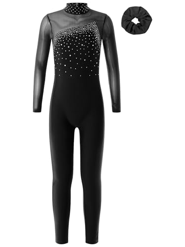 Miutii Maillot de gimnasia para niña, de cuerpo entero, con purpurina, con cinta para el pelo, de manga larga, para patinaje artístico, body deportivo, mono, Negro , 158-164