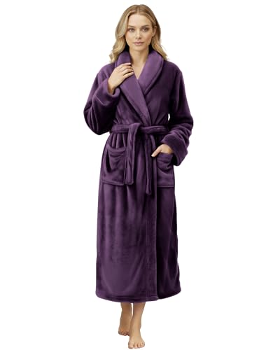NY Threads Premium Women's Robe Plush Soft Long Bathrobe Warm Fleece Shawl Collar Spa Robe (Medium, Plum)