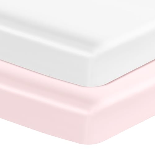 Image of Entisn 28x52 Satin Fitted Crib Sheet 2 Pack, White and Baby Pink | 8-Inch Deep Pocket Snug Fit, Silky Satin Protects Hair And Skin, No-Slip Reinforced Edges, Machine Washable Fade-Resistant