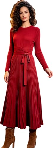 Image of RanRui Womens Winter Fall Pleated Knitted Fit and Flare Long Sleeve Sweater Dress