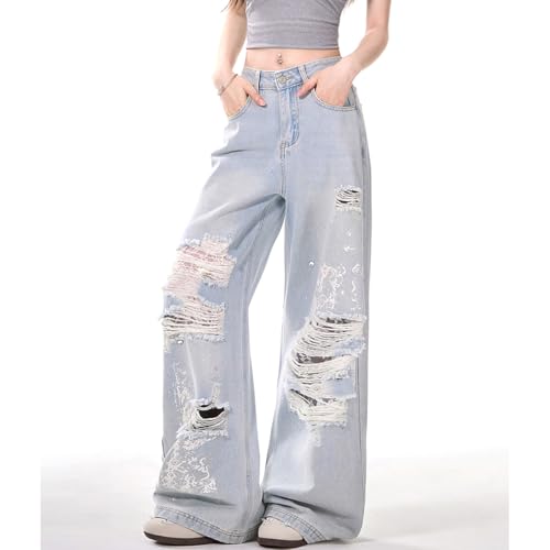 Vintage Cute High Waisted Straight Leg Denim Pants Fashion Y2K Lace Rhinestone Printed Ripped Fringe Jeans2
