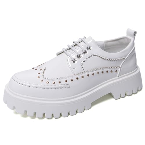 Image of Men's Patent Leather Platform Wingtip Oxford Shoes with Rivets Round Toe Lace Up Lug Sole Brogue Dress Shoes Comfortable Business Work Causal Derby Oxfords