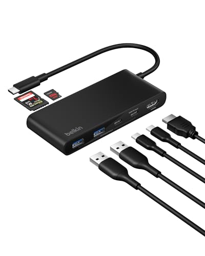 Belkin USB C Hub, 7-in-1 Docking Station, 4K bei 60 Hz, SD, MicroSD, 100 W Power Delivery, 5 Gbit/s Datentransfer, USB-C Adapter für MacBook, iPad Pro, Chromebook usw., Verbessertes HDMI 2.0 – Schwarz