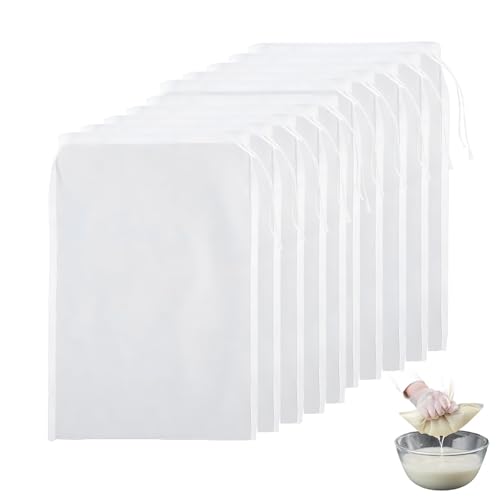 10 Pcs Nut Milk Bag, 20x30 cm Reusable Food Grade Nylon Cheese Cloths for Straining, Fine Mesh Muslin Cloths for Cooking, Yogurt, Juice, Tea, and Coffee