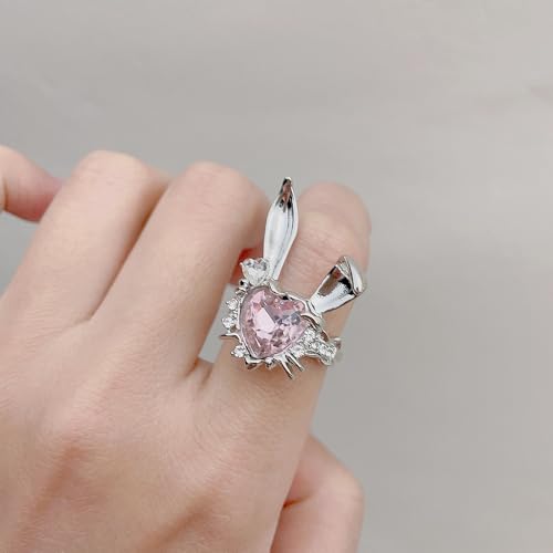 Heart-Shaped Bunny Ring for Women Pink CZ Rabbit Crystal Finger Adjustable Engagement Wedding April Birthstone Cute Rabbits Graduation Promise Ring Comfort Fit Band Fashion Jewelry for Daughters Mom4